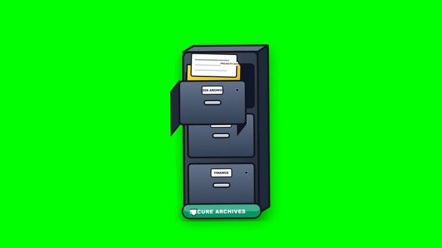 Animation of a filing cabinet opening with documents and secure archives label on green screen