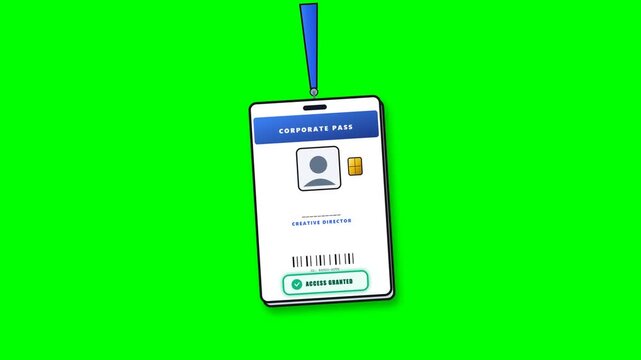 Corporate identity badge showing access granted status on a green screen background