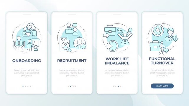 Human capital management animated mobile app onboarding. Strategic talent acquisition. Workplace culture. Welcome screen UI. Carousel walkthrough animation with blue monochrome concept icons