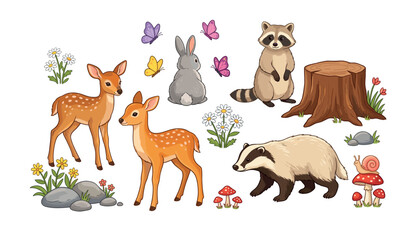 Obraz premium Cute woodland animal vector sticker collection featuring baby deer raccoon badger and rabbit in a forest setting