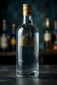 Luxury spirits and premium alcohol branding, clear glass bottle with gold ornate filigree label on dark bar counter for high end beverage marketing