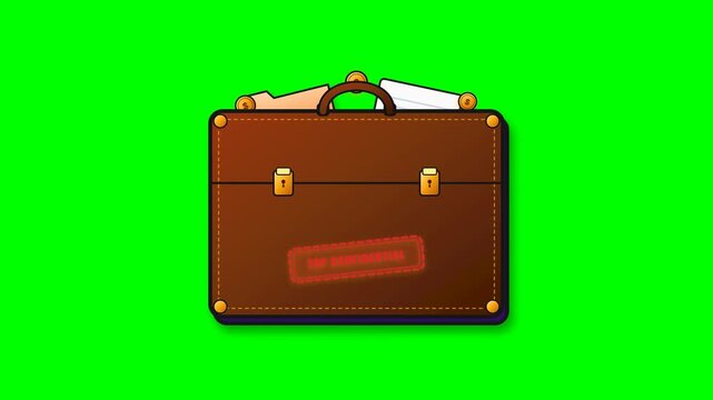 Cartoon animation of a brown leather business briefcase opening to reveal secret documents