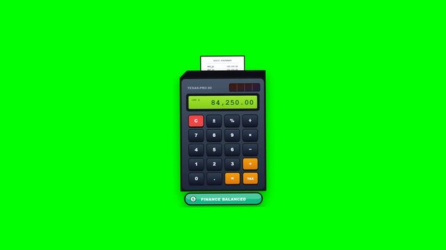 Calculator machine with moving numbers and receipt paper on green screen background