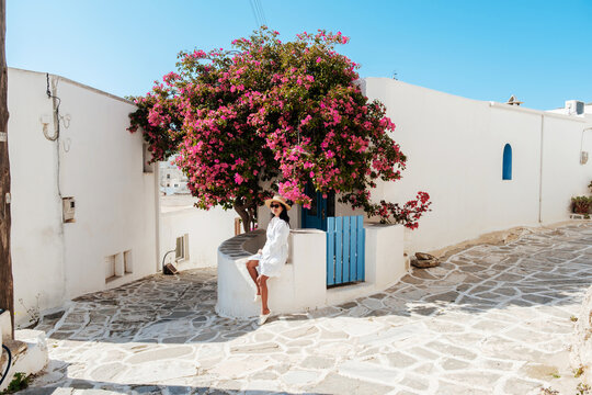Charming Lefkes village in Paros, Greece with vibrant bougainvillea