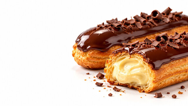 French Chocolate &Eacute;clairs with Vanilla Cream on White Background and Copy Space