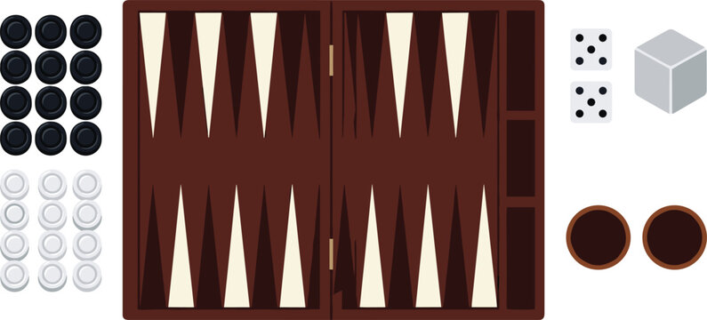 Backgammon Board Game Vector Set Featuring Wooden Gameboard Black and White Checkers Dice Doubling Cube and Shaker Cups