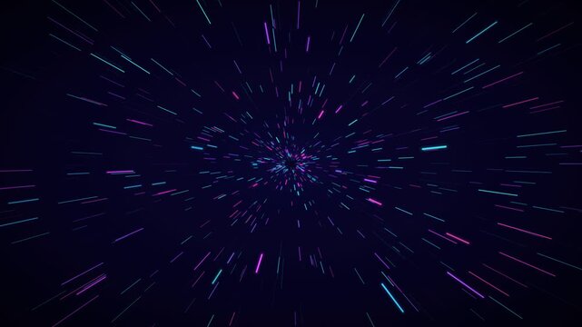 Futuristic Neon Hyperspace Light Burst with Cyan Turquoise Magenta and Violet Radial Speed Streaks Flying from Dark Center, Colorful Warp Tunnel Seamless 4K Motion Background