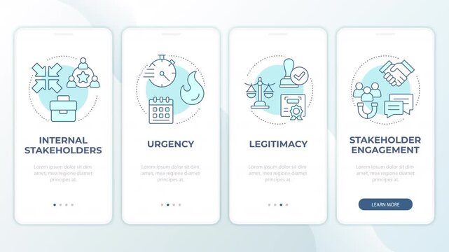 Effective stakeholder alignment strategies animated mobile app onboarding. Corporate governance best practices. Welcome screen UI. Carousel walkthrough animation with blue monochrome concept icons