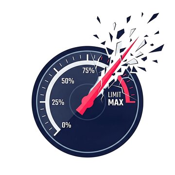Speedometer gauge bursting and breaking past maximum limit line vector