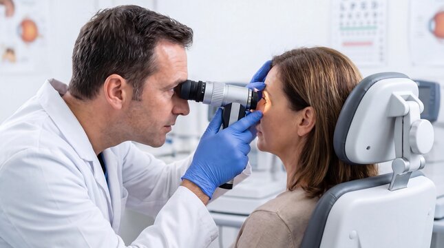 An ophthalmologist performing an eye examination on a female patient using a slit lamp microscope in a clinic.