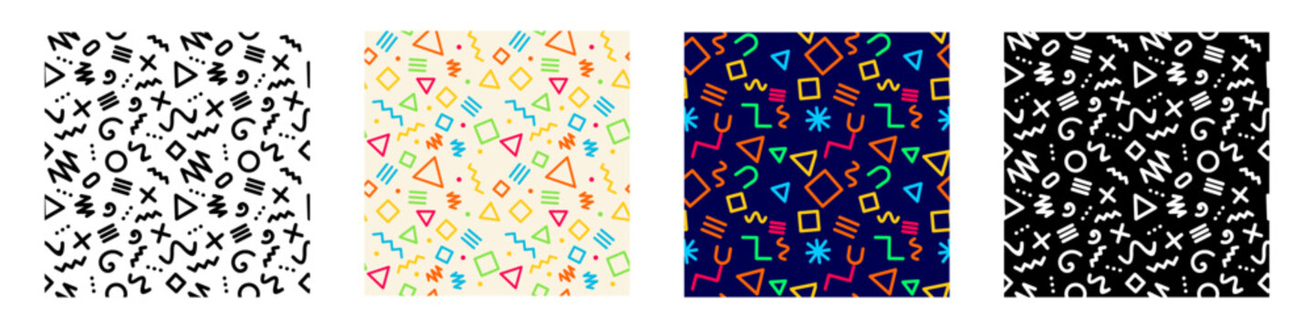 Memphis Style Seamless Pattern Abstract Doodle Background Vector Graphic Design Set