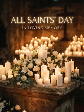 Glowing memorial candles with white flowers on stone altar for All Saints Day
