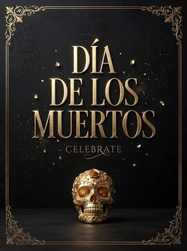Elegant gold Dia de los Muertos typography poster with ornate skull on dark luxury background