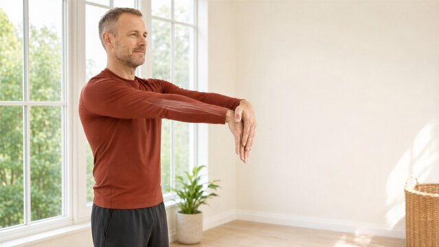 Middle aged man stretches his wrist and forearm in a bright home interior, with a subtle anatomical overlay showing muscle movement and an elbow mobility exercise beside a window at home.