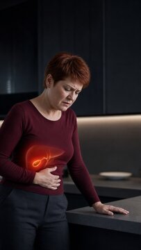 Mature woman pauses in her kitchen with a hand over the right upper abdomen and a gallbladder overlay, suggesting nausea and abdominal discomfort as a digestive health concept at home.