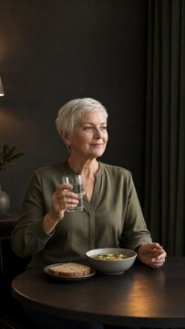 Senior woman holds a glass of water beside a bowl of vegetable soup and bread at a small dining table, showing a light meal and mindful eating in a home gallbladder health concept.