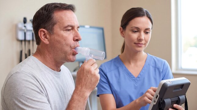 A male patient performs a pulmonary function test with a spirometer while a nurse monitors the results on a digital device.