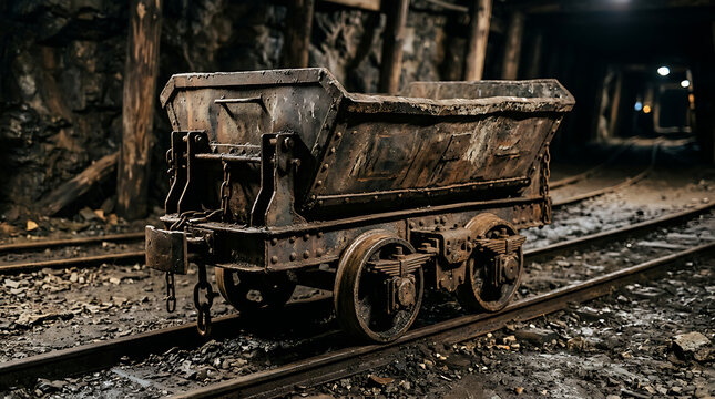 Old rusty mine wagon on tracks inside a dark underground tunnel