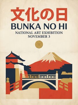 Japanese Culture Day art exhibition poster with Mount Fuji red bridge and bold typography