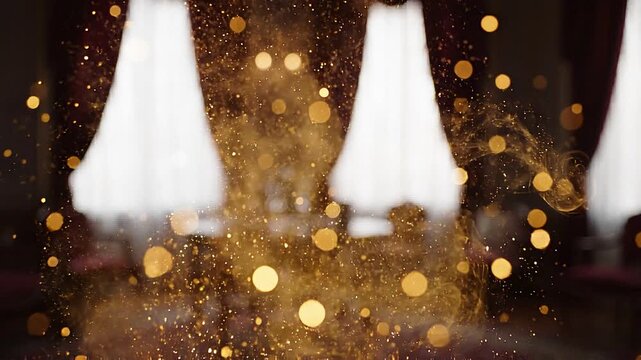 Luxury gold glitter particles floating in blurred interior background, bokeh