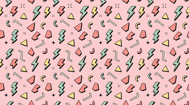A playful and retro-inspired seamless pattern featuring a pink background adorned with various geometric shapes and lightning bolts in pastel colors.