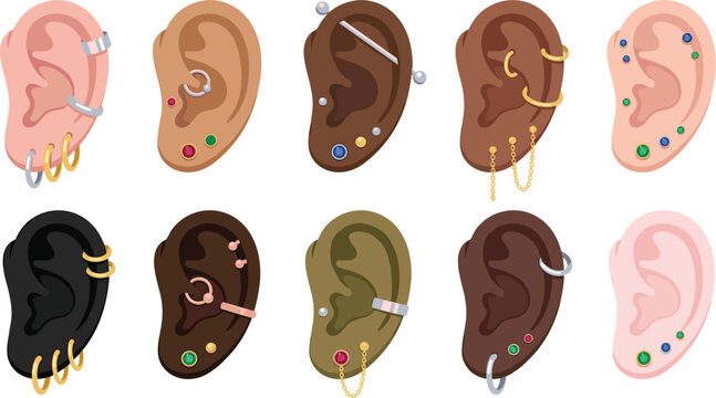 Ear Piercing Jewelry Vector Set Featuring Various Studs Hoops Chains and Barbell Placement Styles on Diverse Skin Tone Ears