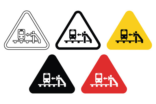 Triangular warning sign icon collection displaying train or railway buffer collision risk in multiple styles with triangle railroad transport