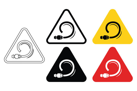 Set of triangular warning signs showing coiled cable or hose hazard icon in various color options with triangle electricity connection illustration