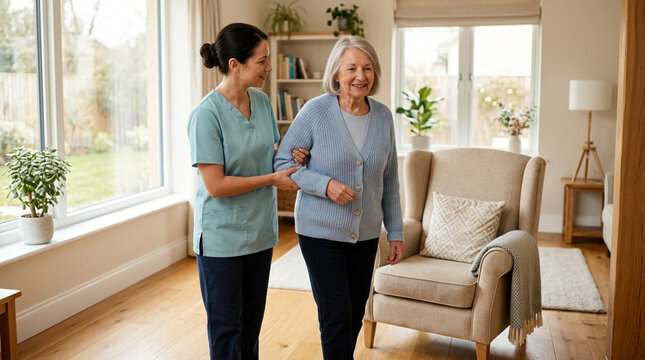Caring Nurse Assists Elderly Woman Walking Indoors
