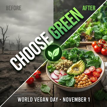 Before and after comparison of barren wasteland and fresh vegan salad for sustainability