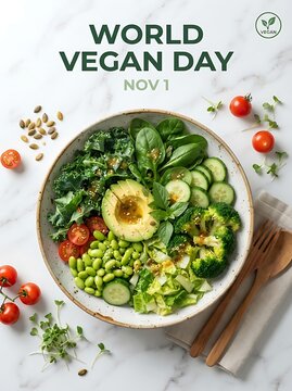 Green vegan salad bowl with avocado and vegetables on marble for World Vegan Day