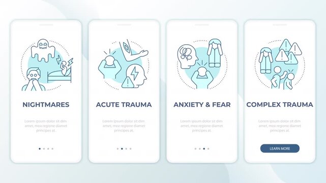 Deep mental trauma animated mobile app onboarding. Cultivating psychological safety. Chronic fear response. Welcome screen UI. Carousel walkthrough animation with blue monochrome concept icons