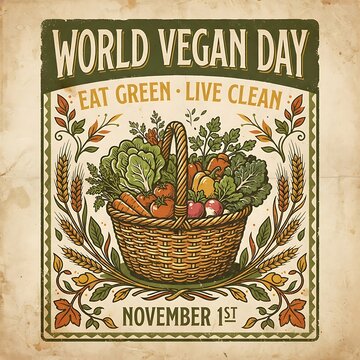 Vintage World Vegan Day poster with woven basket overflowing with fresh vegetables