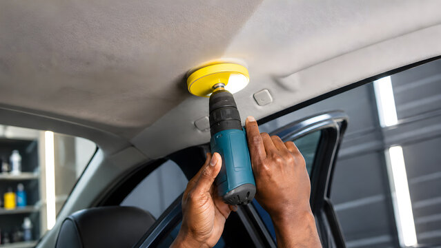 Car interior headliner cleaning with rotary brush