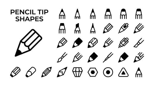 Pencil Tip Shapes Collection: A comprehensive assortment of graphic elements illustrating various pencil tip shapes, including sharp points, blunt ends, and stylized designs.