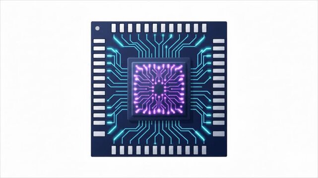 High Tech Computer Processor Chip with Glowing Circuitry Lines.