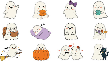 Obraz premium Cute hand drawn Halloween ghost clipart collection featuring adorable ghost characters reading a book, sleeping, holding a pumpkin, drinking tea, carrying flowers, riding a broom, playing with a black