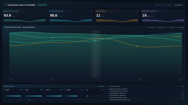 Digital dashboard interface showcasing health score metrics release statistics in 4k, for software performance tracking, data analytics, operational monitoring