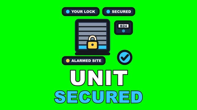 4K green screen UNIT SECURED animated text - the roller door comes down and only your padlock goes on it, kinetic typography self storage overlay, chroma key