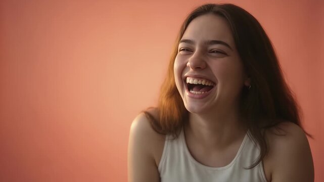 People - Portrait of a happy European woman laughing and smiling brightly against a warm orange background