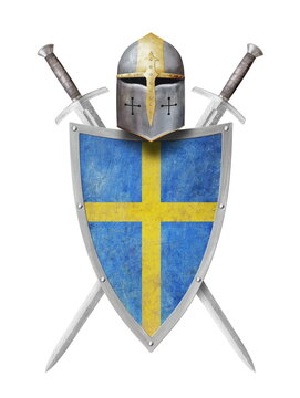 swedishl shield helmet and two swords isolated on white