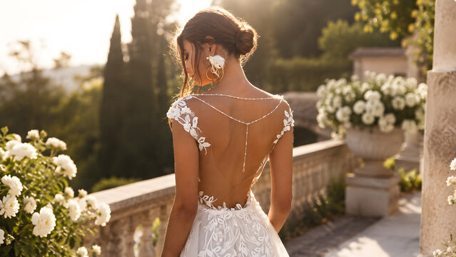 Elegant Bride in Backless Wedding Dress Outdoors