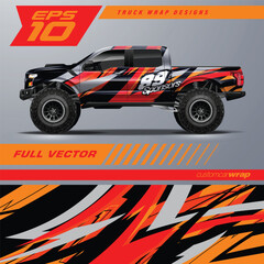 Monster truck design featuring a vibrant custom wrap with sharp, angular patterns in red, orange, black, and white for wrap vehicle, race car, rally, adventure and livery © zoulgraphic