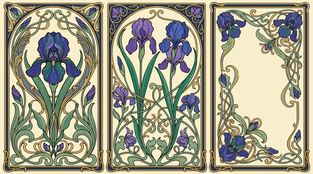Art nouveau iris flowers vector illustration set with ornate decorative borders and floral patterns