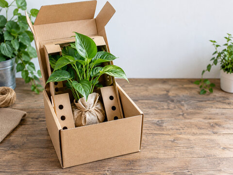 Leafy plant secured in a ventilated cardboard shipping cradle inside an open carton
