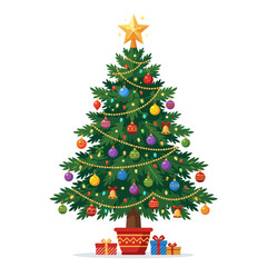 Fototapeta premium Festive Christmas Tree Decorated with Ornaments Lights and Star Topper with Gifts Below