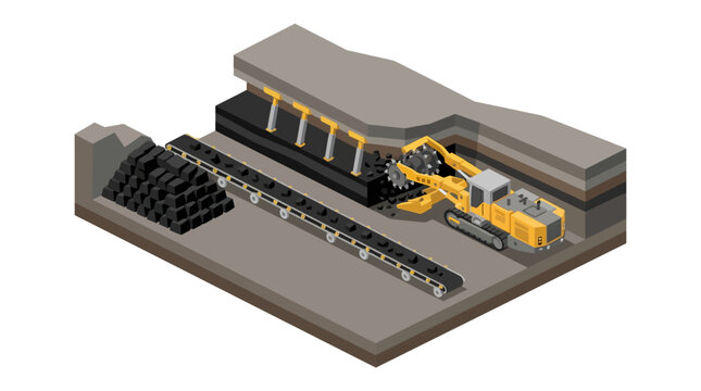Isometric illustration of coal mining operations with continuous miner and conveyor belt