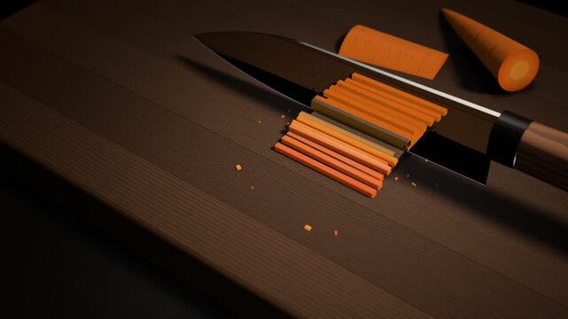 Chef Knife Slicing Carrot Into Julienne Sticks On Cutting Board Animation