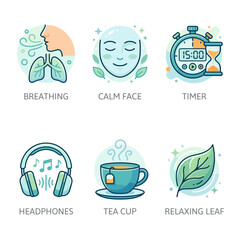 Fototapeta premium Collection of Icons Representing Relaxation and Self Care Activities Like Breathing, Calm Face, Timer, Headphones, Tea and Leaf