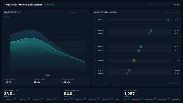 Futuristic 4k data dashboard for ai delivery time window prediction charts zone confidence metrics, for logistics optimization, supply chain analytics, automated